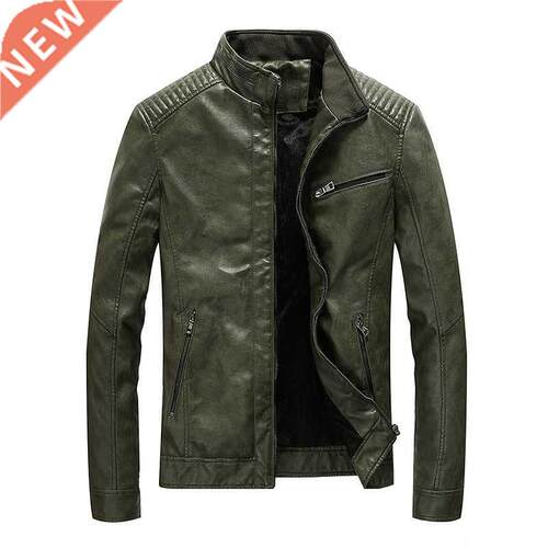 New Spring Men's Leather Jackets Stand Collar Motorc