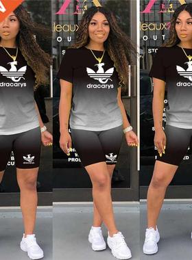 Two Pieces Sets Women Tracksuits Gradient Short Sleeve Tops