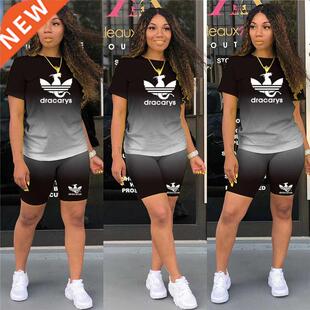 Two Pieces Sets Women Tracksuits Gradient Short Sleeve Tops