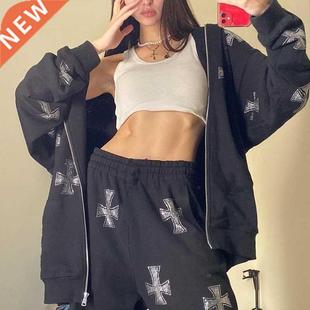 Rhinestone Gothic Streetwear Long Sleeve Black Zip Hoodie Y2