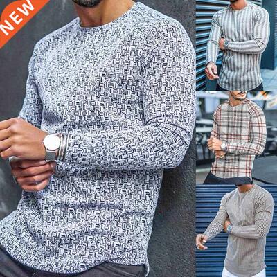 T-shirt Long Sleeve Slim Top Cotton Blend Men Stripe Plaid P