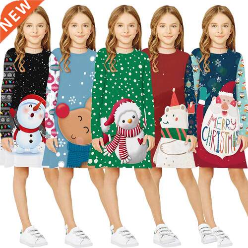 6-13 Years Girls Christmas Dress Autumn Cartoon Santa Claus