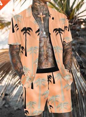 New Men's Hawaiian Printed Shirt Set reetwear Short
