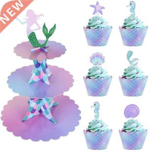 1Set Mermaid Cake Stand Cupcake Holders Kids Mermaid Birthda