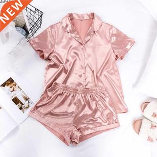 Women Sleepwear Summer Pajama Set Pink Turn Down Collar Faux