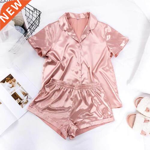 Women Sleepwear Summer Pajama Set Pink Turn Down Collar Faux