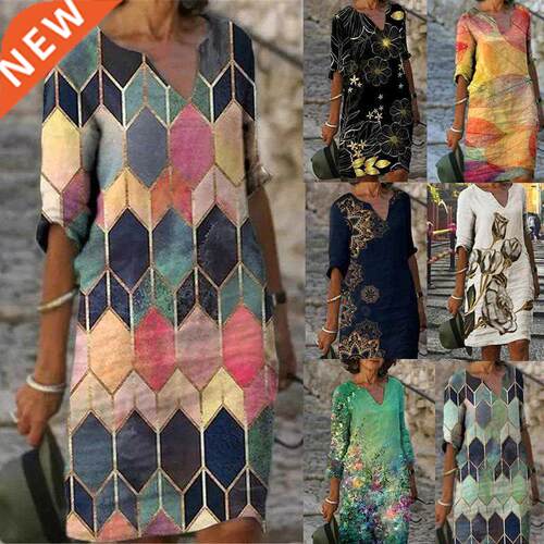 Elegant Women Dress Summer Vintage Print V-Neck Half Sleeve