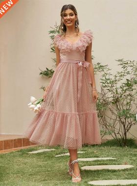 Simplee V-neck mesh polka dot summer tulle party dress women