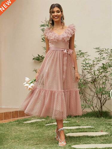 Simplee V-neck mesh polka dot summer tulle party dress women