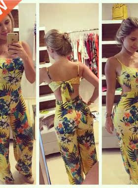 women's casual summer clothing partyjumpsuit印花连体露背长裤