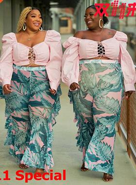 L-4xl large mesh printed beach flounces casual pants大码裤