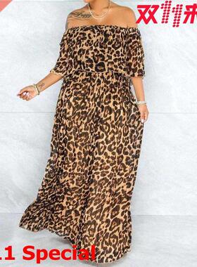 L-4XL Large Size Ladies Leopard Print Dress with a Word Coll