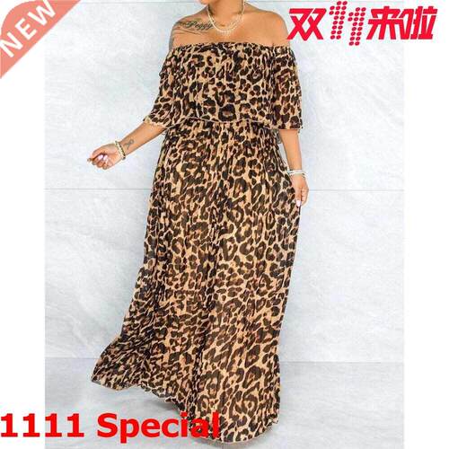 L-4XL Large Size Ladies Leopard Print Dress with a Word Coll