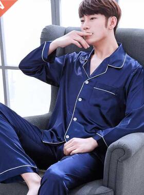 Men Pajama Sets Silk Satin Pijama Turn-down Collar Sleepwear