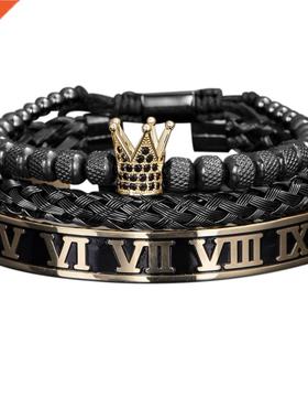 Luxury Crown Handmade Men Enamel Roman Numeral Bangles Hemp