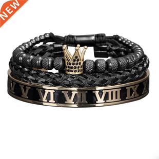 Luxury Crown Handmade Men Enamel Roman Numeral Bangles Hemp