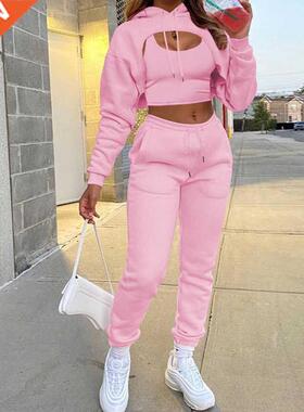 Autumn Winter 3Pcs Set Women Tracksuit Fleece Long Sleeve Pu