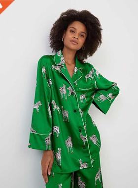 Hiloc Zebra Print Home Suit For Women Pajama Satin Long Slee
