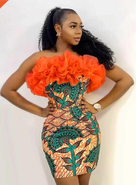 小个子性感印花一字肩网纱拼接连衣裙 宴会派对礼服 slip