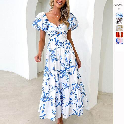 Printed Bubble Sleeves Grand Swing High end Dress for Women