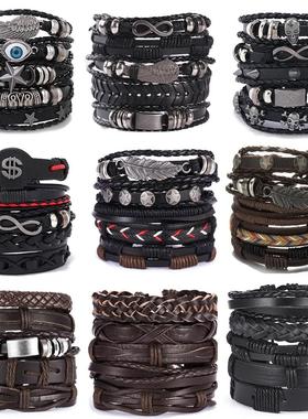 Cross-border leather handwoven men's punk bracelet男士手