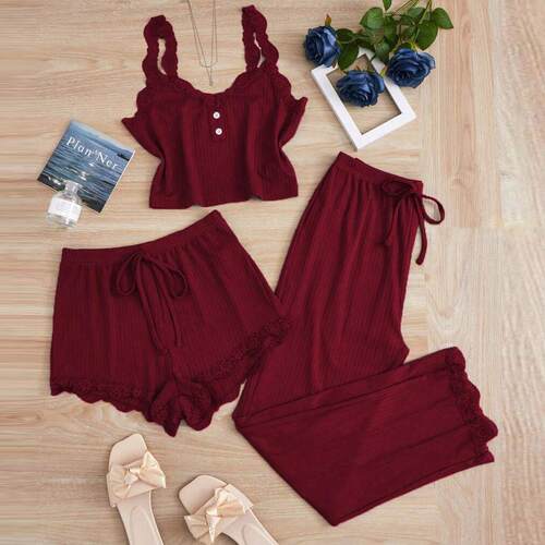 Lace vest, long shorts, pajamas three piece set