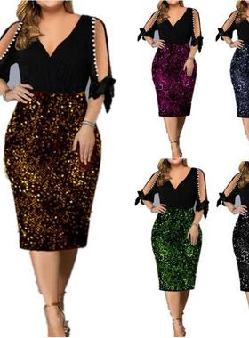 2023 sequins bubble bead v-neck package hip skirt big yards