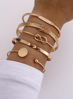 Bracelet 5-piece set跨境饰品时尚几何光面开口打结手镯5件套