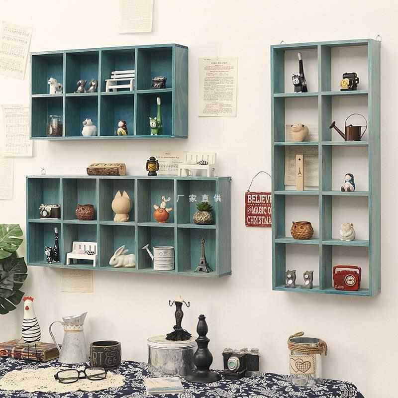 墙上置物架墙壁挂墙收纳盒免打孔实木格子墙面装饰柜挂架桌面复古