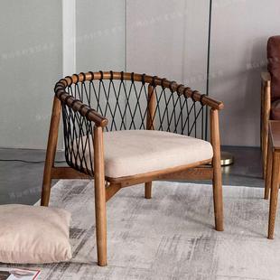 实木沙发椅编织靠背椅子客厅小户型单人椅简约阳台休闲椅看书椅子