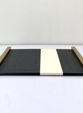 现代简约长方形撞色托盘PU皮金属把手托盘样板房客厅创意软装饰品