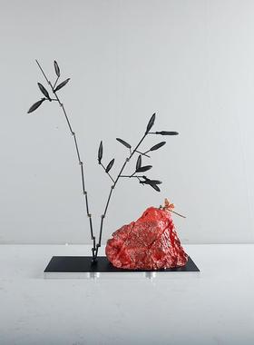 现代新中式创意假山石竹叶摆件售楼处展厅别墅隔断家居软装饰品