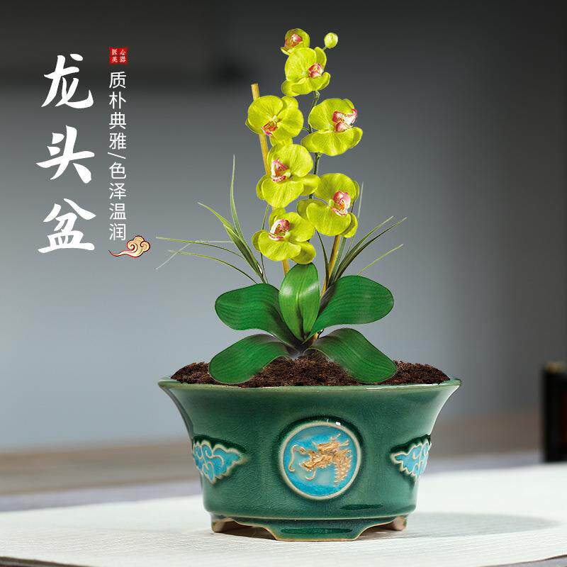 宜兴紫砂花盆精美泥绘龙头拼色花盆多肉绿萝文竹室内圆口YXFD04