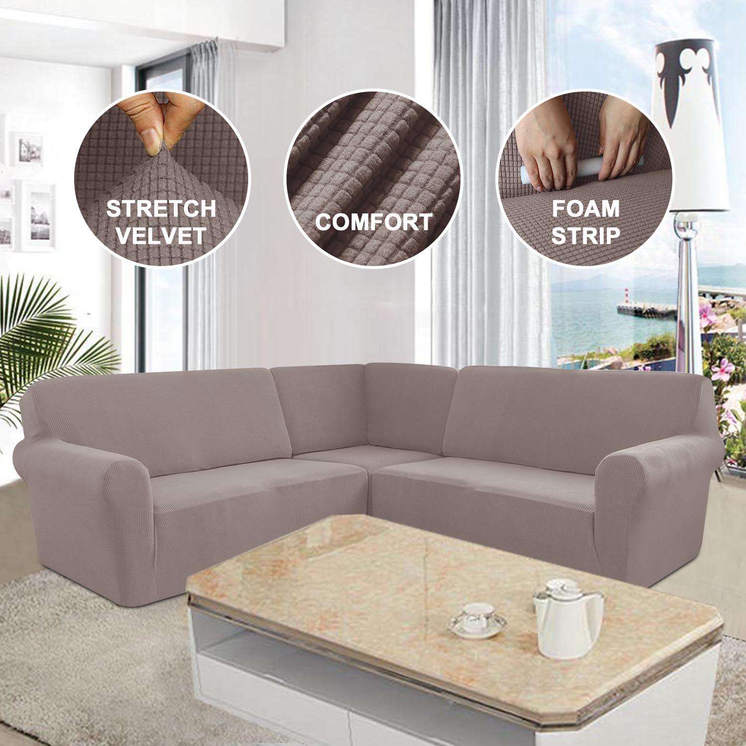 跨境加厚玉米格绒L形5人座转角贵妃沙发套纯色简约家具套沙发套罩