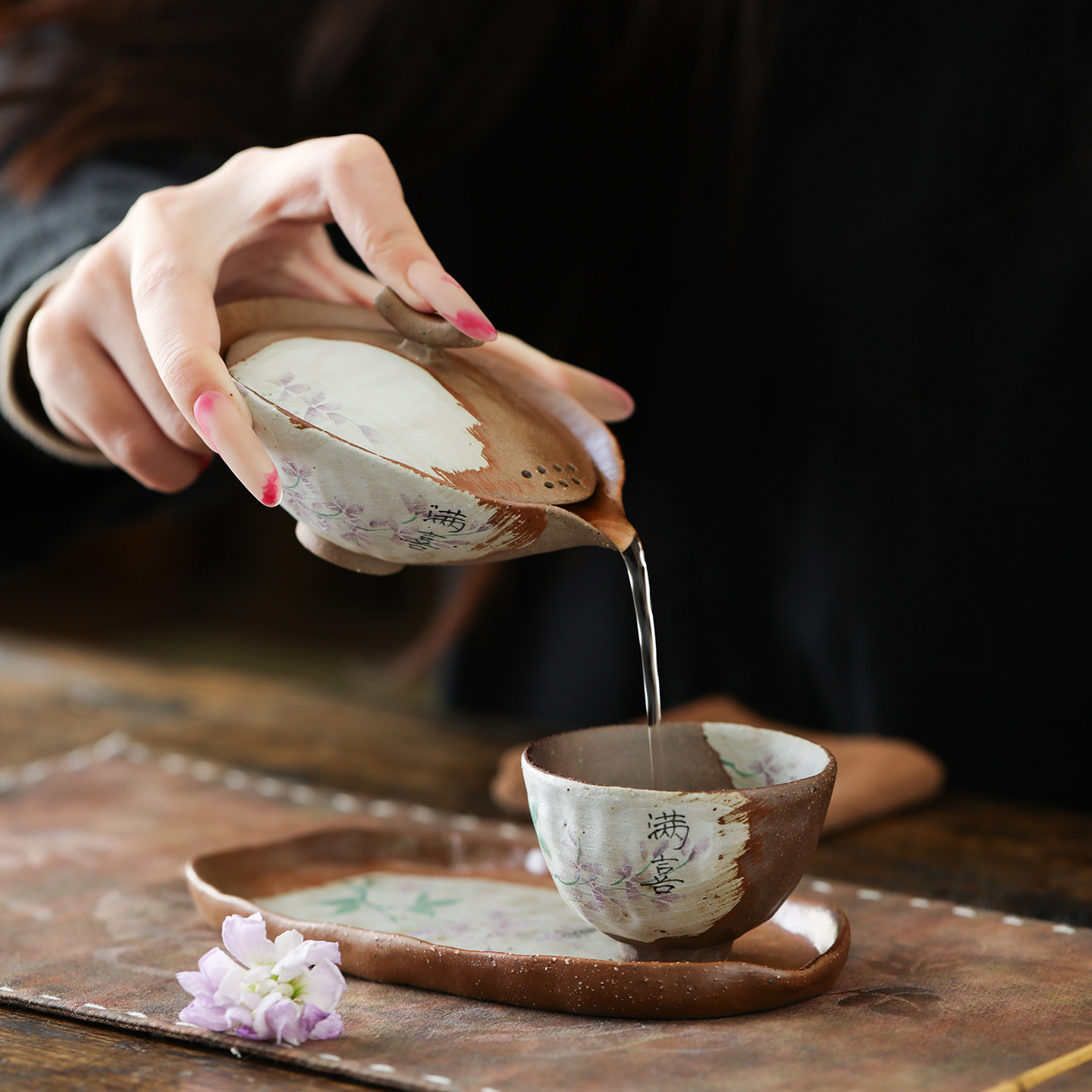 觅己手绘满喜老岩泥盖碗柴烧茶具套组一人功夫茶杯粗陶手抓壶复古