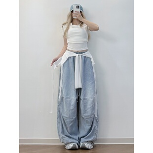 爵士舞运动裤 纯欲风荡领抽褶跳舞上衣＋jazz松紧腰牛仔裤 XXBUNI