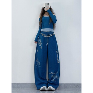 女设计感宽松阔腿高腰印花jazz运动裤 XXBUNI美式 复古辣妹爵士舞裤