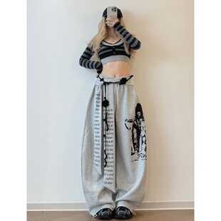 XXBUNI秋冬跳舞穿搭女灰色火焰印花休闲裤女宽松阔腿裤爵士舞裤子
