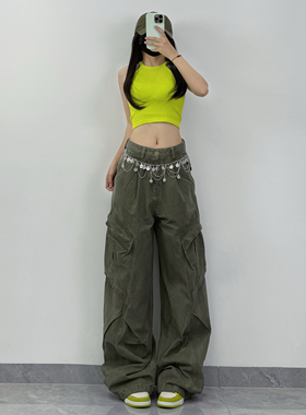 XXBUNI 夏天跳舞穿搭女jazz无袖背心上衣+美式军绿色设计感工装裤