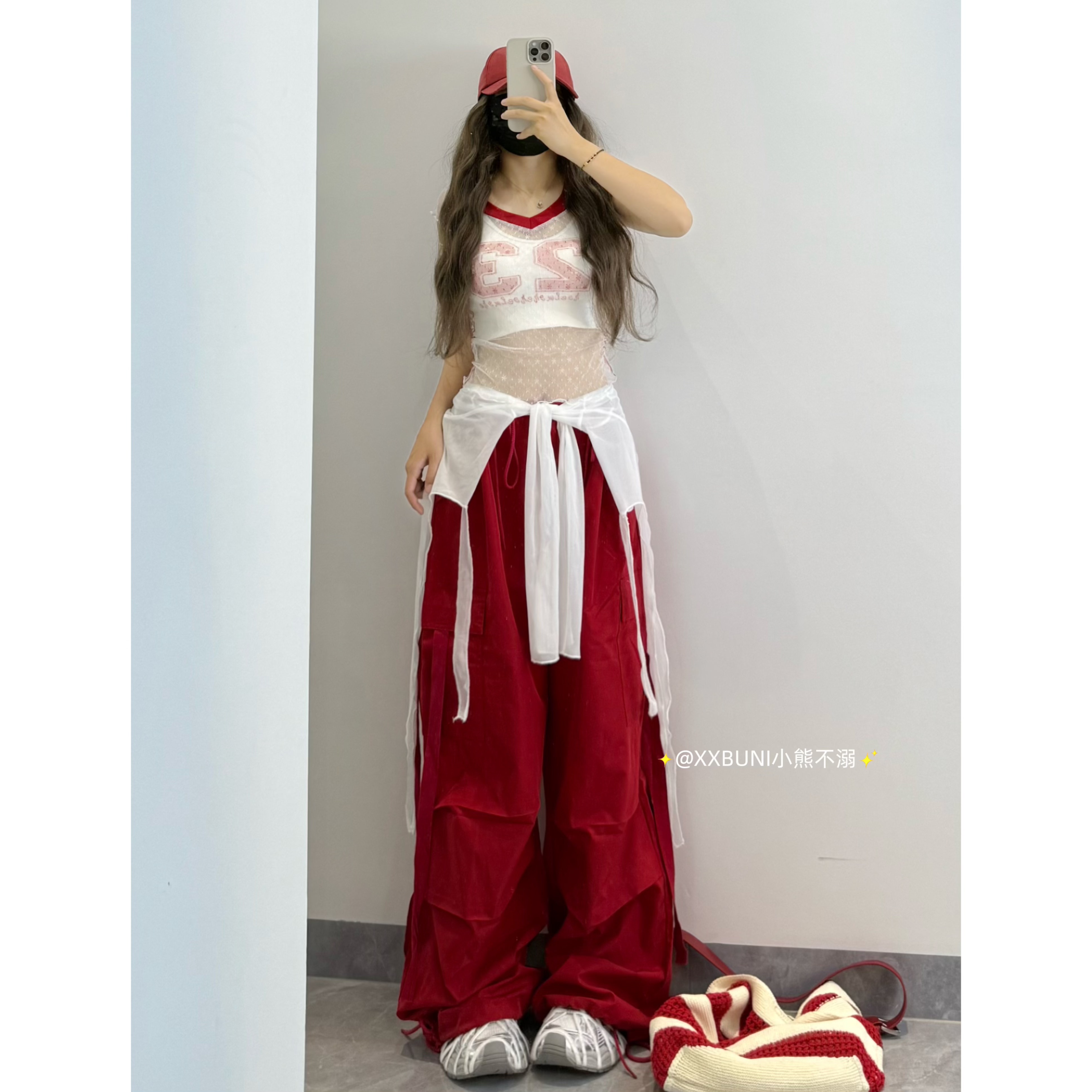 XXBUNI美式辣妹网纱透视字母上衣女＋红色爵士裤设计感宽松休闲裤
