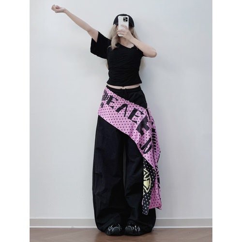 XXBUNI 辣妹爵士舞服装女黑粉荡领短袖T恤女hiphop运动屁帘休闲裤