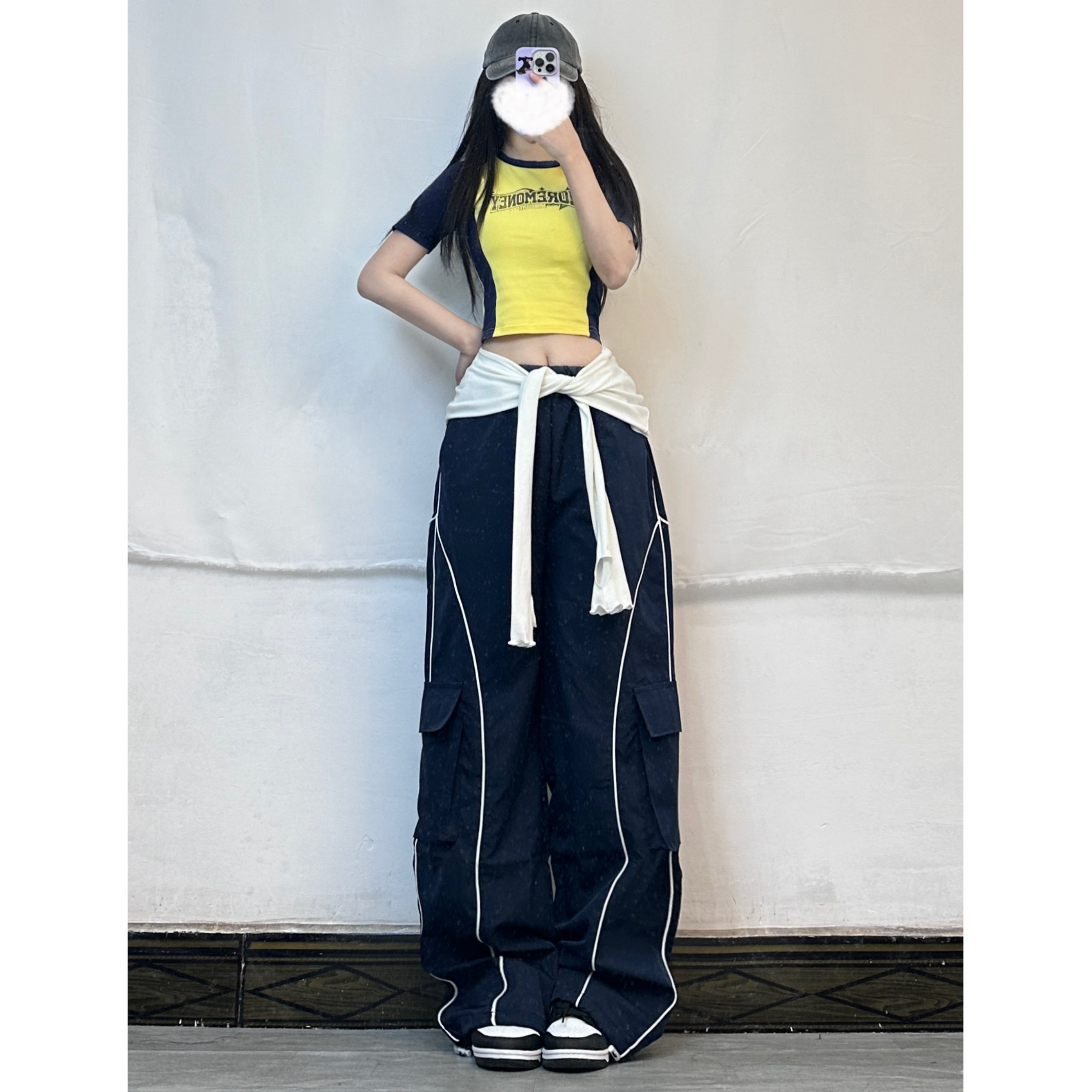 XXBUNI爵士跳舞jazz套装小个子复古侧边白杠运动裤女字母插肩上衣