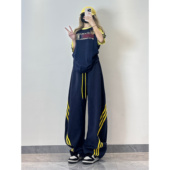 ＋藏青拼黄hiphop短袖 XXBUNI美式 嘻哈条纹垂感弯刀跳舞卫裤 T恤女