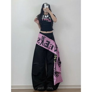 XXBUNI黑粉爵士舞裤女夏季新款带屁帘宽松弯刀裤高腰显瘦jazz裤子