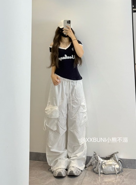 XXBUNI 美式白色工装裤女夏季薄款运动裤宽松阔腿裤jazz爵士舞裤