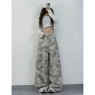 百搭跳舞裤 女高腰宽松跳舞弯刀裤 美式 牛仔裤 复古迷彩工装 XXBUNI