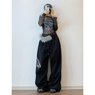 XXBUNI爵士跳舞透视网纱吊带上衣两件套jazz带腰带字母印花运动裤