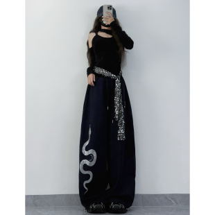 XXBUNI美式复古辣妹爵士舞裤女设计感小众蛇年烫钻弯刀宽松阔腿裤