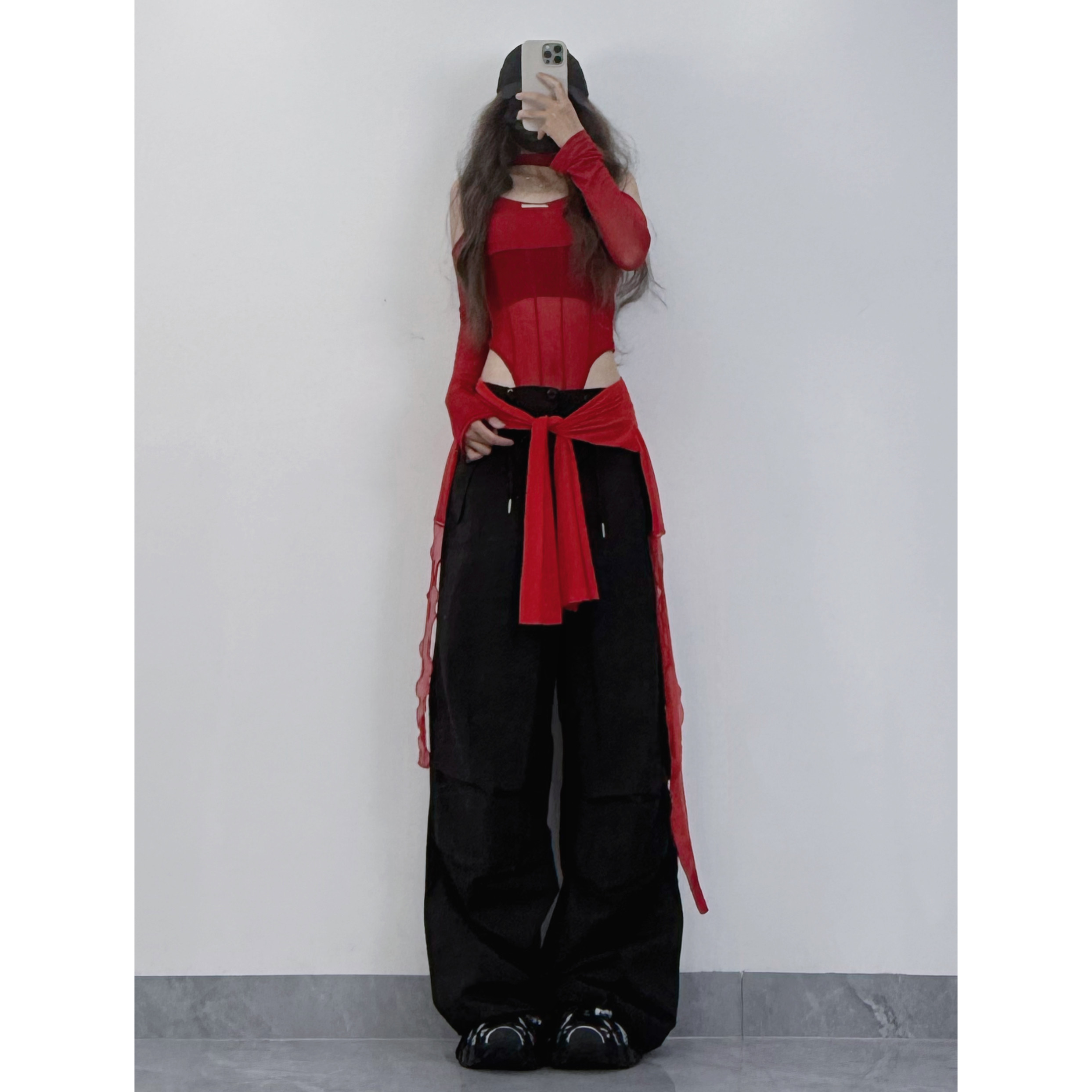 XXBUNI 女团酒红网纱透视露肩打底长袖T恤爵士跳舞修身性感连体衣