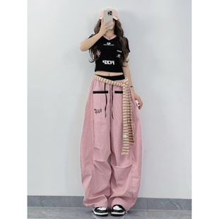 XXBUNI爵士舞裤女黑粉色格子跳舞裤子宽松阔腿裤街舞嘻哈运动长裤